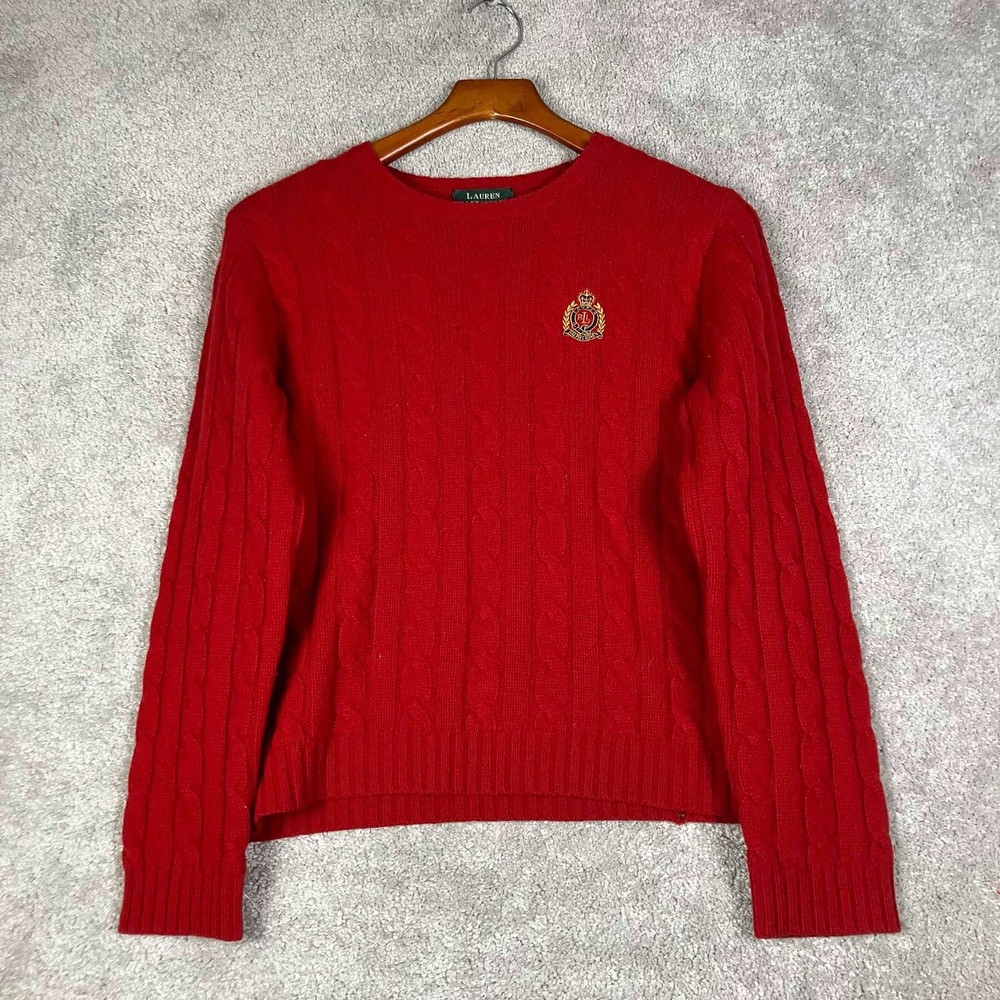 Vintage Ralph Lauren Sweater Women PM Red Cable Knit Lambswool Crest Logo